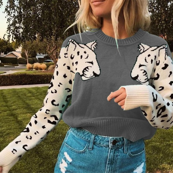 Gray Sweater with Snow leopard design - Picture 1 of 2